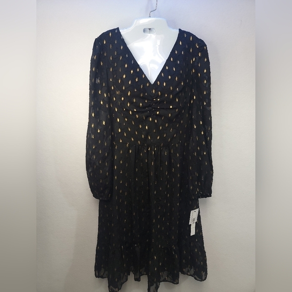 Maggy London V-neckline Ruched Waistline Tiered Skirt Dress Black/ Gold Metallic - Picture 9 of 13